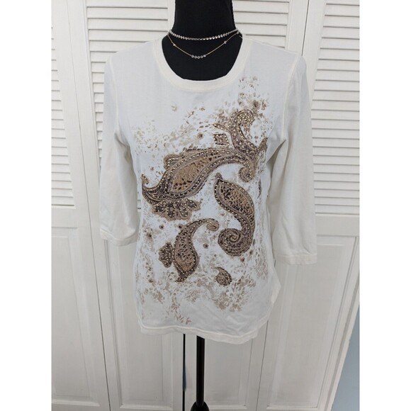 Additions By Chico Shirt Women Sz M/8 (1) Embroidery Gold Beads Fleur Blouse Top - Picture 1 of 10